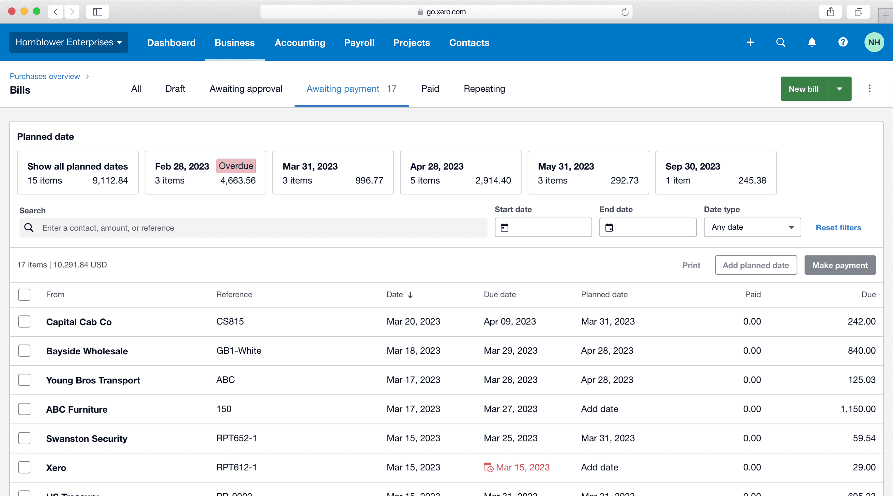 Xero Bill List View Screenshot
