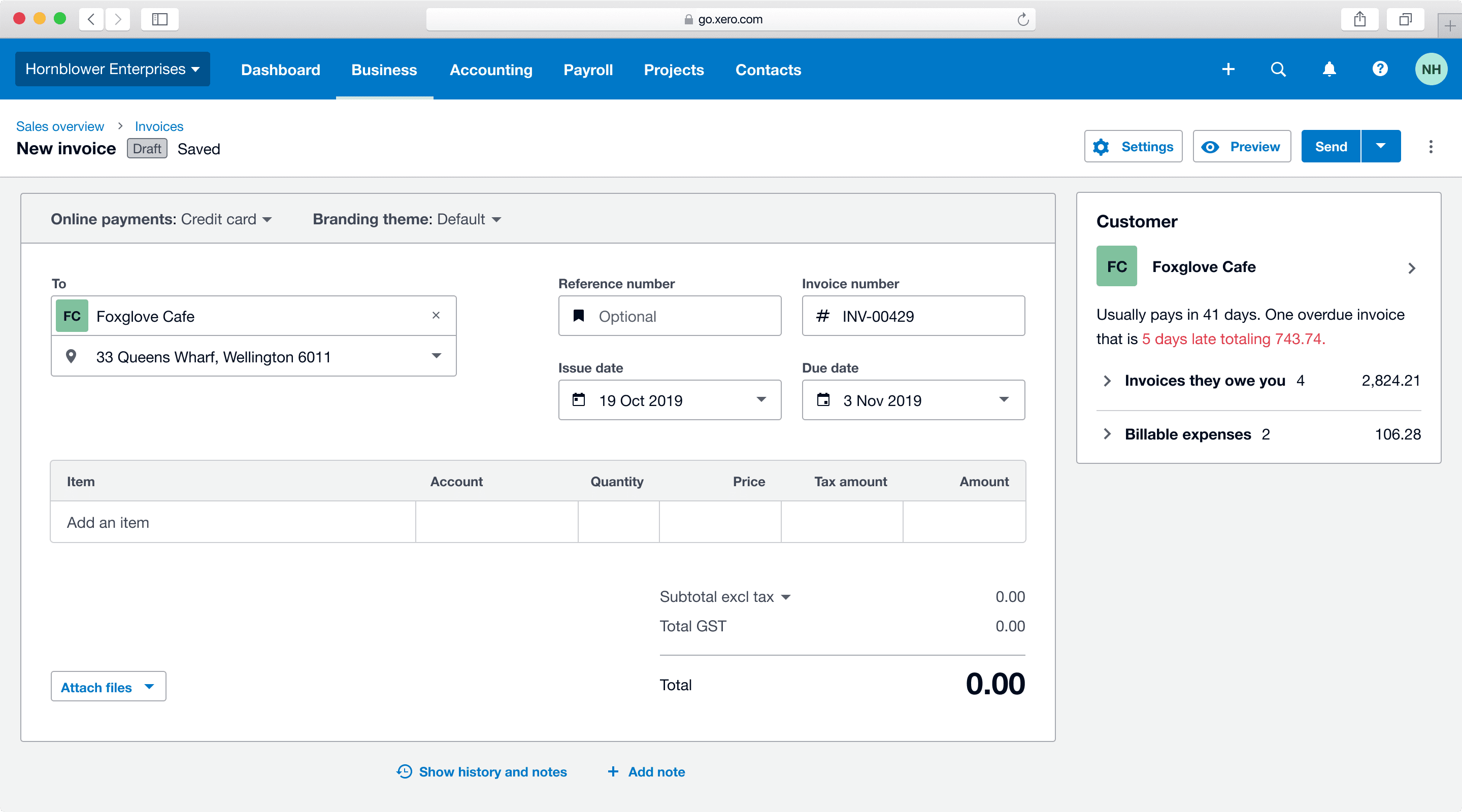 Xero Invoice Creation Screenshot